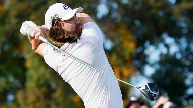 Kyle Berkshire watches his final 398-yard drive during the final round of the World Long Drive Championship at Bobby Jones Golf Course on Oct. 22, 2023 in Atlanta, Georgia.